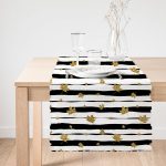 - Runner-7164-1 - Realhomes Siyah Beyaz Zeminli Gold Yaprak Desenli Dijital Baskılı Modern Runner Realhomes