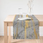 - Runner-7193-1 - Realhomes  Antrasit Zemin Üzerinde Gold Detaylı Çizim Desenli Dijital Baskılı Modern Runner Realhomes