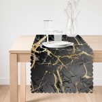 Siyah Zeminde Gold Renkli Çizim Desenli Dijital Baskılı Modern Runner Realhomes