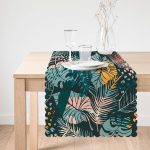 Siyah Zeminde Renkli Yaprak Desenli Dijital Baskılı Modern Runner Realhomes