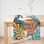 - Runner-7296-1 - Realhomes Renkli Zemin Üzerinde Onedraw Çizimli Yaprak Motifli Dijital Baskılı Modern Runner Realhomes