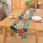 - Runner-7296 - Realhomes Renkli Zemin Üzerinde Onedraw Çizimli Yaprak Motifli Dijital Baskılı Modern Runner Realhomes