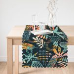 - Runner-7297-1 - Realhomes Siyah Zemin Üzerinde Onedraw Çizimli Yaprak Motifli Dijital Baskılı Modern Runner Realhomes