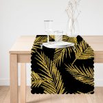 Siyah Zemin Üzerinde Gold Renkli Yaprak Desenli Dijital Baskılı Modern Runner Realhomes