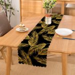 Siyah Zemin Üzerinde Gold Renkli Yaprak Desenli Dijital Baskılı Modern Runner Realhomes