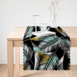 Siyah Zemin Üzerinde Yaprak Desenli Dijital Baskılı Modern Runner Realhomes