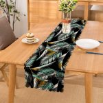 Siyah Zemin Üzerinde Yaprak Desenli Dijital Baskılı Modern Runner Realhomes