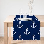 - Runner-7626-1 - Realhomes Lacivert Zemin Üzerinde Çapa Desenli Dijital Baskılı Modern Runner Realhomes