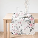 Pembe Beyaz Gül Gri Yapraklar Desenli Dijital Baskılı Modern Runner Realhomes