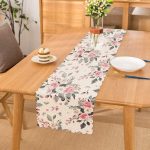 Pembe Beyaz Gül Gri Yapraklar Desenli Dijital Baskılı Modern Runner Realhomes