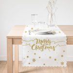 - Runner-8201-1 - Realhomes Beyaz Zeminde Gold Detaylı Kar Taneli Merry Christmas Yazılı Dijital Baskılı Modern Runner Realhomes