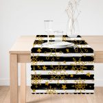 - Runner-8209-1 - Realhomes Beyaz Zeminde Siyah Dekoratif Çizgili Gold Desenli Kar Tanesi Dijital Baskılı Modern Runner Realhomes