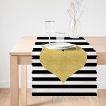 - Runner-8262-1 - Realhomes Beyaz Zeminde Siyah Yatay Çizgili Gold Detaylı Kalp Desenli Dijital Baskılı Modern Runner Realhomes