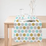 - Runner-8284-1 - Realhomes Beyaz Zeminde Gold Detaylı Renkli Puantiye Desenli Dijital Baskılı Modern Runner Realhomes