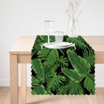 - Runner-8356-1 - Realhomes Siyah Zemin Üzerinde Yeşil Yaprak Desenli Dijital Baskılı Modern Runner Realhomes