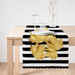 Beyaz Zeminde Siyah Çizgili Sonbahar Yaprak Desenli Dijital Baskılı Modern Runner Realhomes