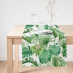 - Runner-8437-1 - Realhomes  Beyaz Zemin Üzerinde Yeşil Yaprak Desenli Dijital Baskılı Modern Runner Realhomes