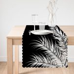 Siyah Zemin Üzerinde Beyaz Yaprak Desenli Dijital Baskılı Modern Runner Realhomes