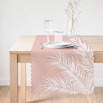 - Runner-8441-1 - Realhomes Pastel Zemin Üzerinde Beyaz Yaprak Desenli Dijital Baskılı Modern Runner Realhomes