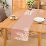 - Runner-8441 - Realhomes Pastel Zemin Üzerinde Beyaz Yaprak Desenli Dijital Baskılı Modern Runner Realhomes