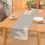 - Runner-8442 - Realhomes Pastel Zemin Üzerinde Beyaz Yaprak Desenli Dijital Baskılı Modern Runner Realhomes