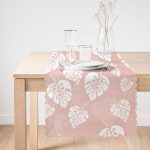 - Runner-8447-1 - Realhomes Pastel Zemin Üzerinde Beyaz Yaprak Desenli Dijital Baskılı Modern Runner Realhomes