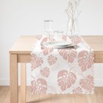 - Runner-8448-1 - Realhomes Pastel Zemin Üzerinde Beyaz Yaprak Desenli Dijital Baskılı Modern Runner Realhomes