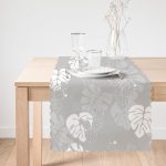 Gri Zemin Üzerinde Beyaz Yaprak Desenli Dijital Baskılı Modern Runner Realhomes