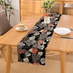 - Runner-8451 - Realhomes Siyah Zemin Üzerinde Renkli Yaprak Desenli Dijital Baskılı Modern Runner Realhomes