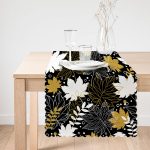 - Runner-8453-1 - Realhomes Siyah Zemin Üzerinde Gold Detaylı Yaprak Desenli Dijital Baskılı Modern Runner Realhomes