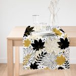 Beyaz Zeminde Gold Detaylı Sonbahar Yaprak Desenli Dijital Baskılı Modern Runner Realhomes