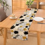 Beyaz Zeminde Gold Detaylı Sonbahar Yaprak Desenli Dijital Baskılı Modern Runner Realhomes