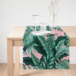 - Runner-8472-1 - Realhomes Pastel Zemin Üzerinde Yeşil Yaprak Desenli Dijital Baskılı Modern Runner Realhomes