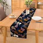 Siyah Zemin Üzerinde Renkli Yaprak Desenli Dijital Baskılı Modern Runner Realhomes