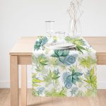 - Runner-8548-1 - Realhomes Beyaz Zemin Üzerinde Yeşil Renkli Yaprak Desenli Dijital Baskılı Modern Runner Realhomes