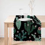 - Runner-8555-1 - Realhomes Siyah Zemin Üzerinde Yeşil Kaktüs Desenli Dijital Baskılı Modern Runner Realhomes