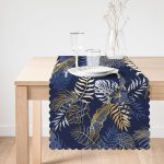 - Runner-8573-1 - Realhomes  Mavi Zemin Üzerinde Gold Detaylı Yaprak Desenli Dijital Baskılı Modern Runner Realhomes