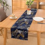 - Runner-8573 - Realhomes  Mavi Zemin Üzerinde Gold Detaylı Yaprak Desenli Dijital Baskılı Modern Runner Realhomes