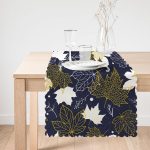 - Runner-8591-1 - Realhomes Renkli Zemin Üzerinde Gold Detaylı Yaprak Desenli Dijital Baskılı Modern Runner Realhomes