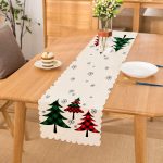 - Runner-8613 - Realhomes Beyaz Zemin Üzerinde Ekose Desenli Çam Ağacı Motifli Dijital Baskılı Modern Runner Realhomes