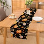 - Runner-8629 - Realhomes  Siyah Zemin Üzerinde Bal Kabağı Desenli Dijital Baskılı Modern Runner Realhomes