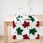 - Runner-8645-1 - Realhomes  Beyaz Zemin Üzerinde Ekoseli Sonbahar Yaprak Desenli Dijital Baskılı Modern Runner Realhomes