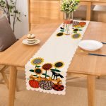 - Runner-8649 - Realhomes Beyaz Zemin Üzerinde Ayçiçek Desenli Ekoseli Balkabağı Dijital Baskılı Modern Runner Realhomes