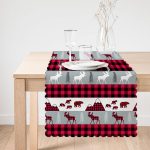 - Runner-8665-1 - Realhomes Beyaz Zemin Üzerinde Ekose Desenli Geyik Desenli Dijital Baskılı Modern Runner Realhomes