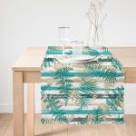 - Runner-8692-1 - Realhomes Beyaz Zemin Üzerinde Yeşil Çizgili Yaprak Desenli Dijital Baskılı Modern Runner Realhomes