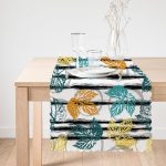 Beyaz Zeminde Siyah Çizgili Renkli Yaprak Desenli Dijital Baskılı Modern Runner Realhomes