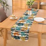 Beyaz Zeminde Siyah Çizgili Renkli Yaprak Desenli Dijital Baskılı Modern Runner Realhomes