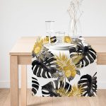 - Runner-8741-1 - Realhomes Beyaz Zemin Üzerinde Gold Detaylı Yaprak Desenli Dijital Baskılı Modern Runner Realhomes