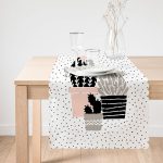 - Runner-8846-1 - Realhomes Beyaz Zemin Üzerinde Siyah Puantiyeli Kaktüs Desenli Dijital Baskılı Modern Runner Realhomes