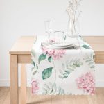 - Runner-8928-1 - Realhomes Beyaz Zeminli Yeşil Yapraklı Ortanca Çiçek Dijital Baskılı Modern Runner Realhomes